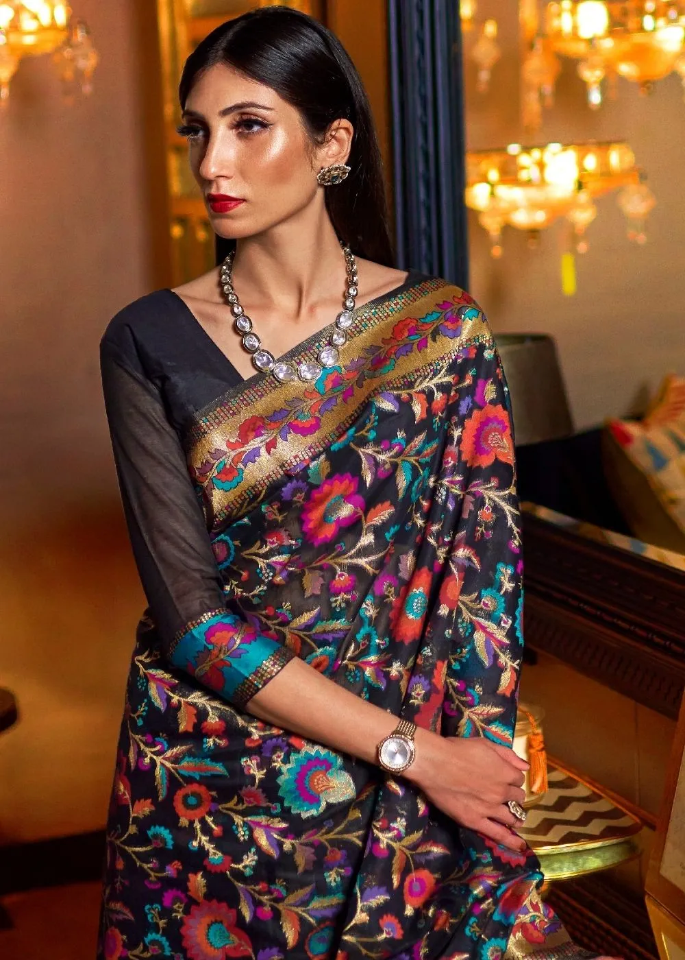 Pebble Black Banarasi Jamawar Woven Silk Saree : Top Pick