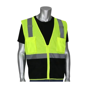 PIP Ansi Type R Class 2 Lime Hi-Vis 5 Pocket Mesh Vest With Black Bottom Front