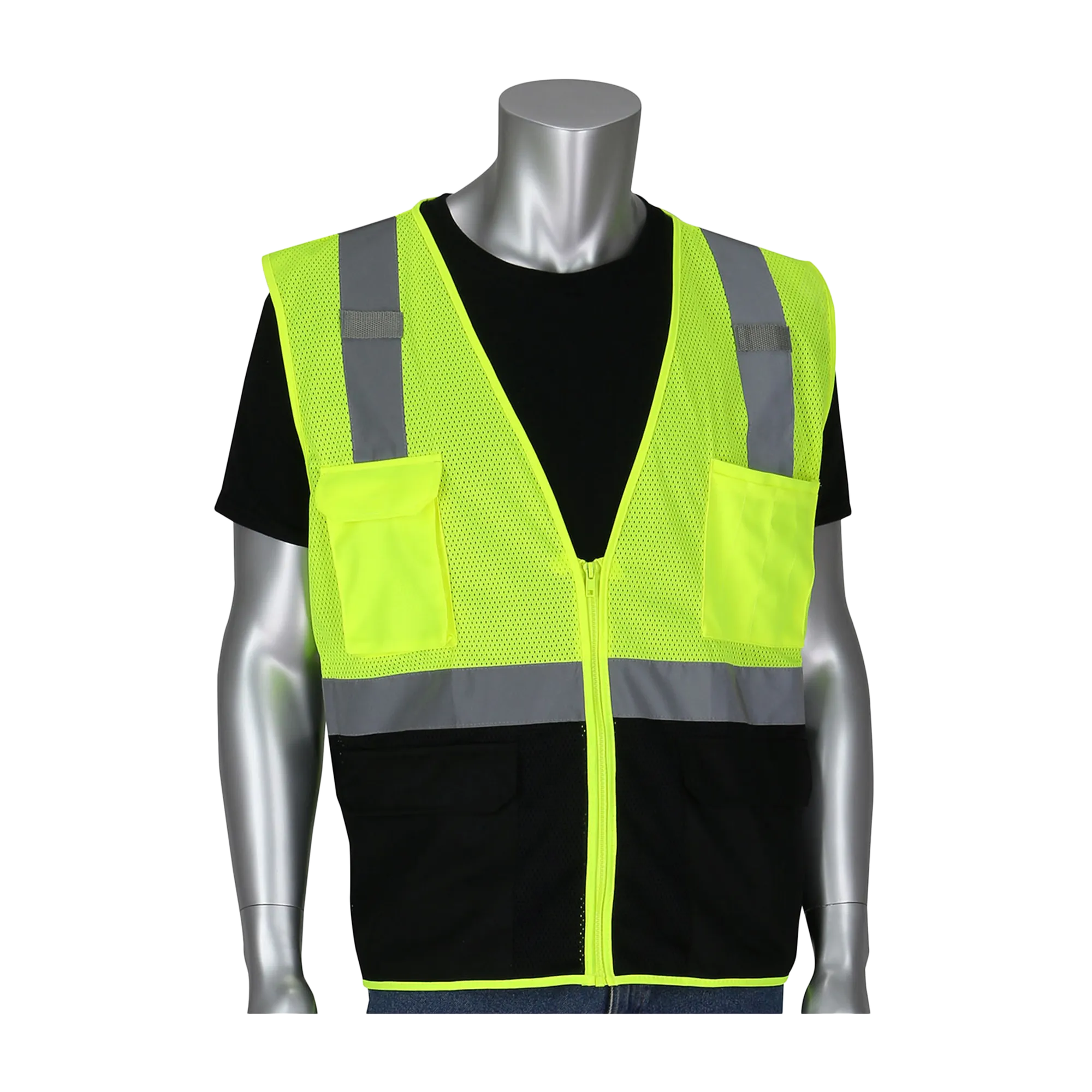 PIP Ansi Type R Class 2 Lime Hi-Vis 5 Pocket Mesh Vest With Black Bottom Front