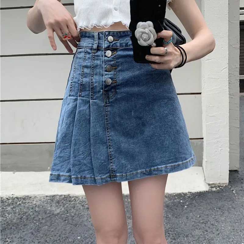 Pleated Women Denim Skirt Korean High Waist Lined Jeans Mini Skirt Fashion A Line Black Female Button Cotton Skirts