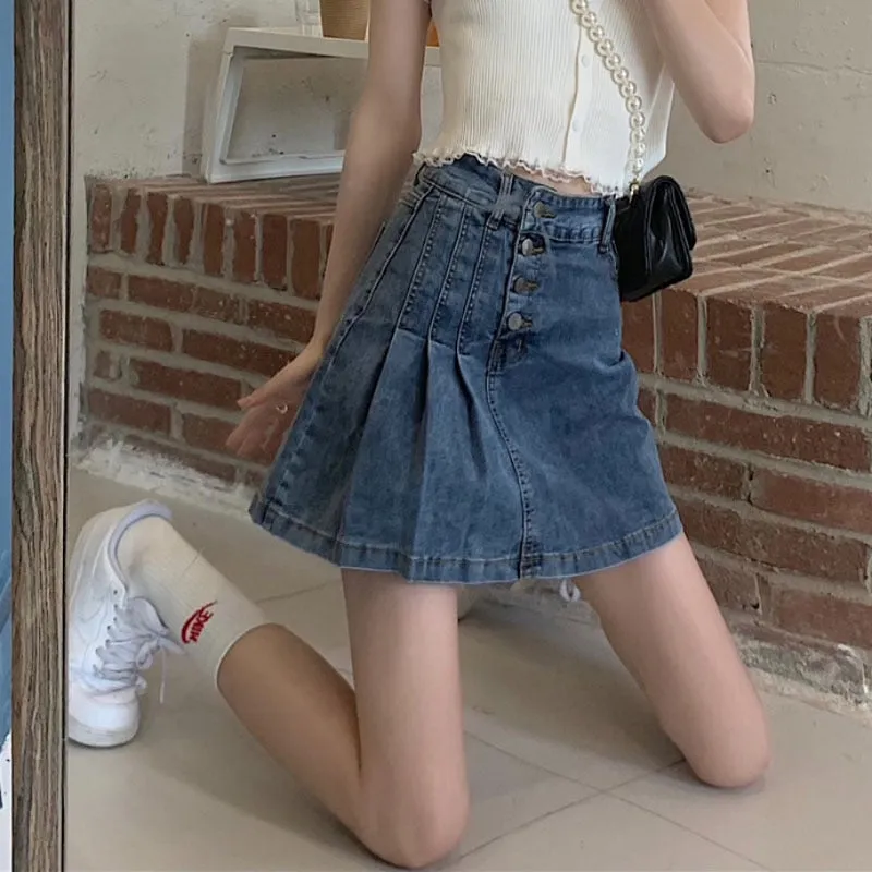 Pleated Women Denim Skirt Korean High Waist Lined Jeans Mini Skirt Fashion A Line Black Female Button Cotton Skirts