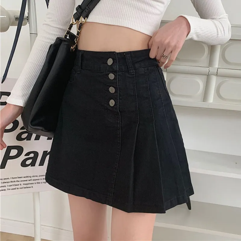 Pleated Women Denim Skirt Korean High Waist Lined Jeans Mini Skirt Fashion A Line Black Female Button Cotton Skirts