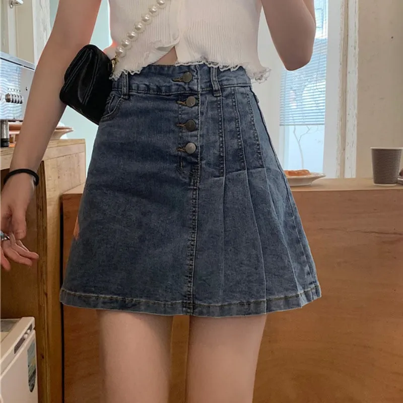 Pleated Women Denim Skirt Korean High Waist Lined Jeans Mini Skirt Fashion A Line Black Female Button Cotton Skirts