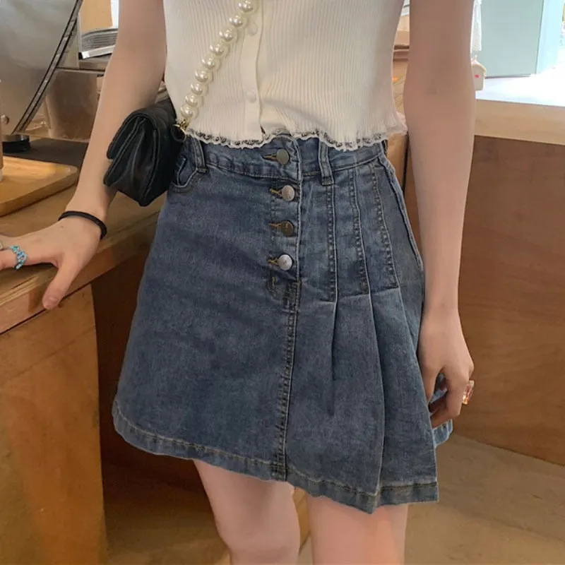 Pleated Women Denim Skirt Korean High Waist Lined Jeans Mini Skirt Fashion A Line Black Female Button Cotton Skirts