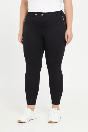 Plus Size Black Zipper Detailed Ponte Legging