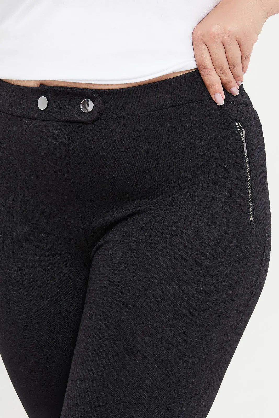 Plus Size Black Zipper Detailed Ponte Legging