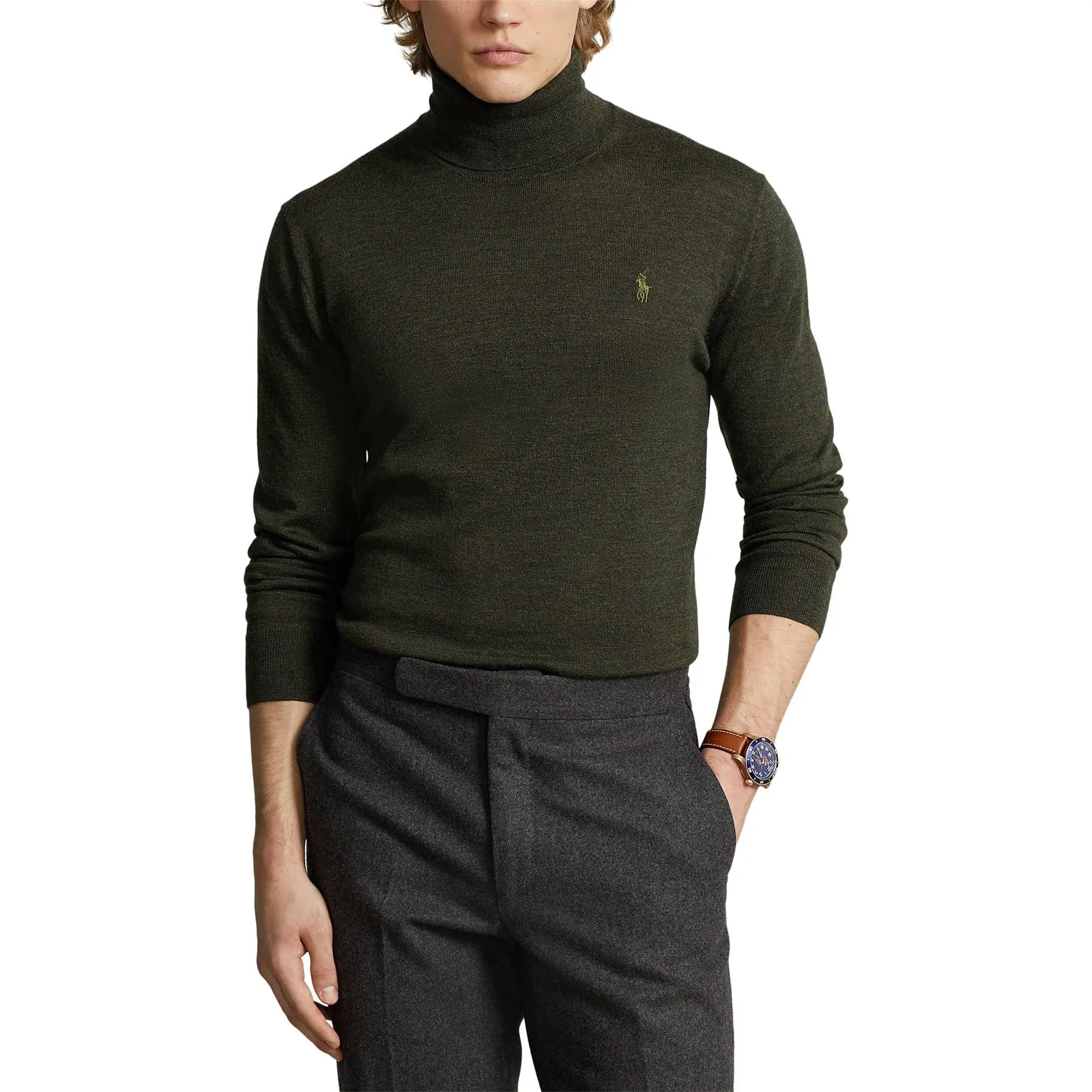 Polo Golf Washable Wool Turtleneck Sweater Olive Heather - AW23