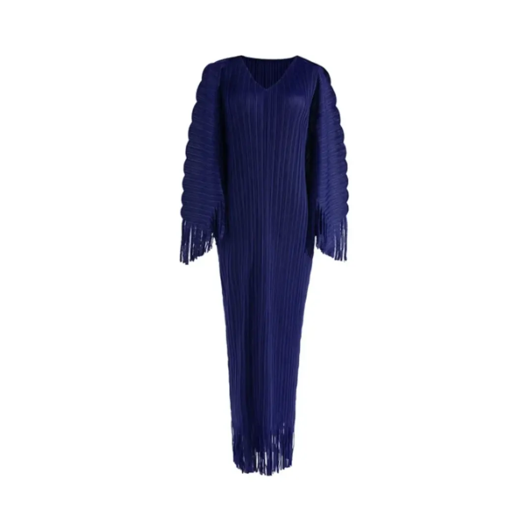 Pre Order:  Batwing V-Neck Pleated Spliced Tassel Dress