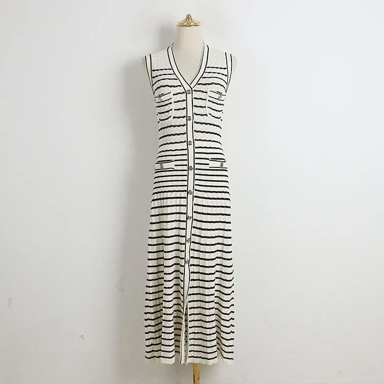 Pre Order:  Classic Striped Sleeveless V-Neck Knitted Dress