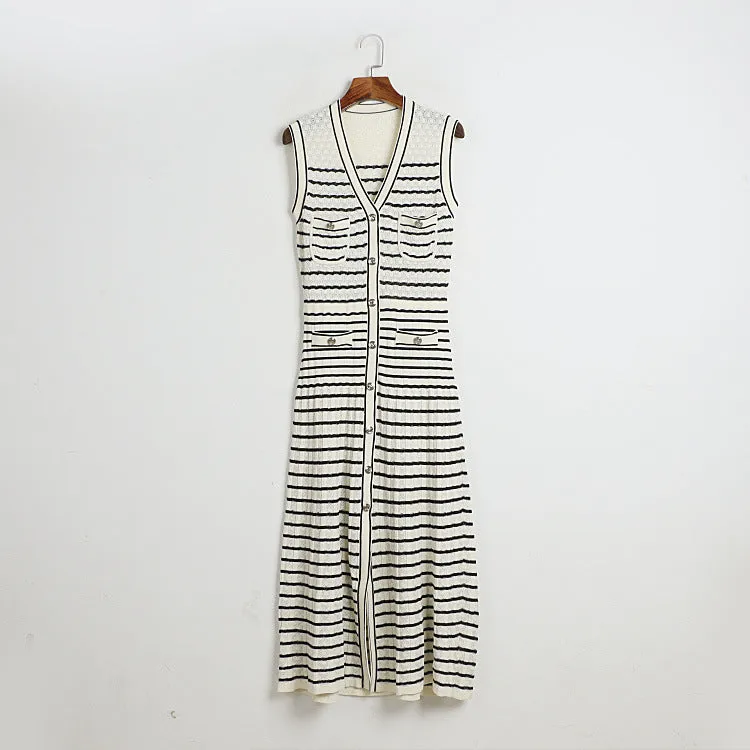 Pre Order:  Classic Striped Sleeveless V-Neck Knitted Dress