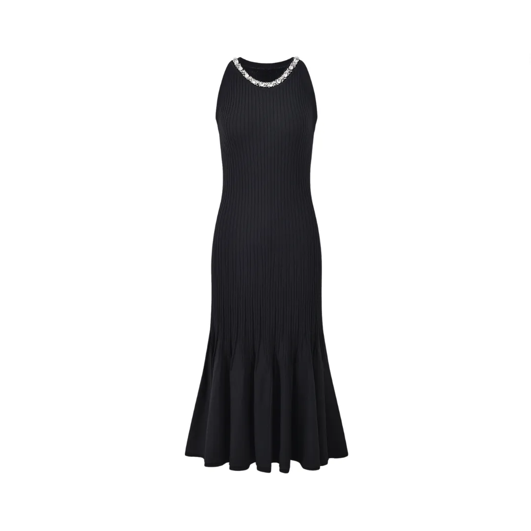 Pre Order: Diamond Studded Round Neck Fish Tail Knitted Dress