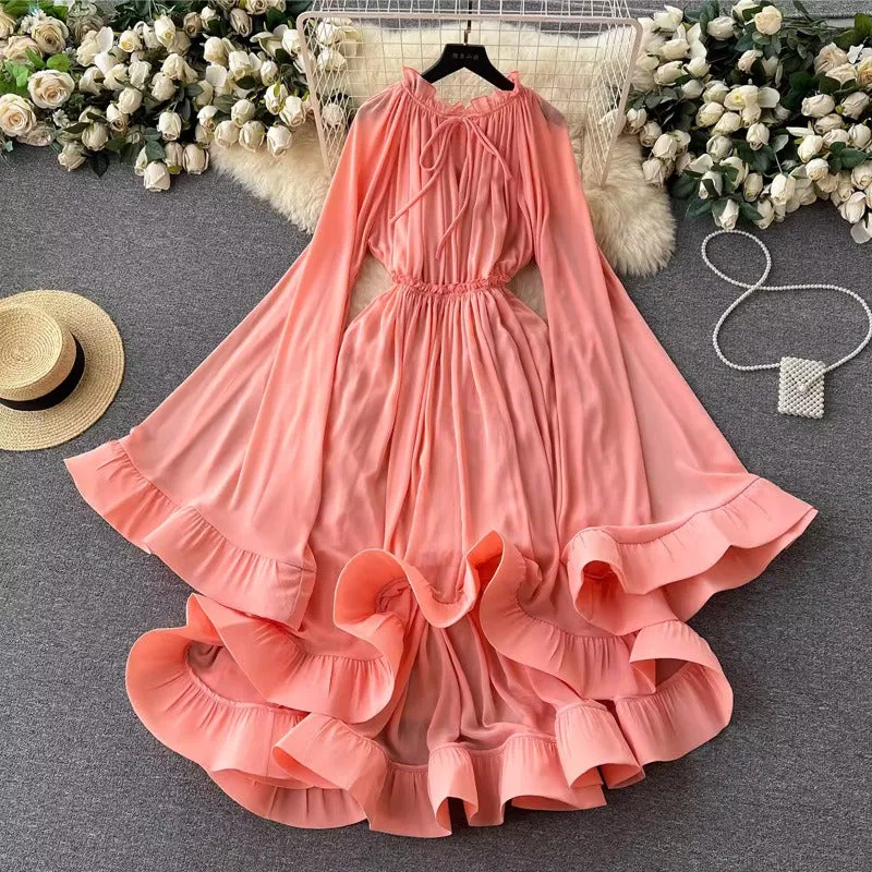 Pre Order:  Flare Sleeves Ruffled Edge Waist Slimming Dress