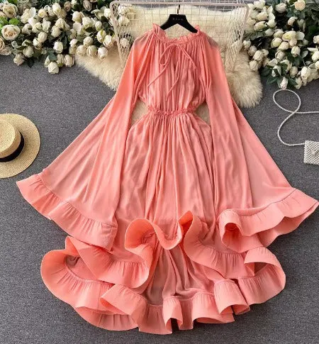 Pre Order:  Flare Sleeves Ruffled Edge Waist Slimming Dress