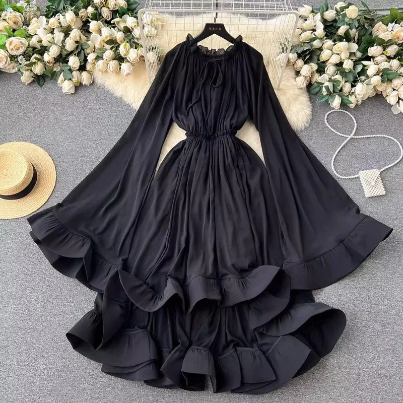 Pre Order:  Flare Sleeves Ruffled Edge Waist Slimming Dress