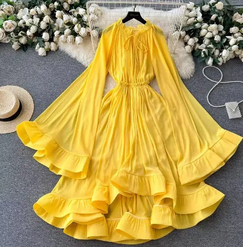 Pre Order:  Flare Sleeves Ruffled Edge Waist Slimming Dress