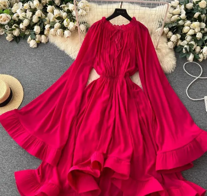 Pre Order:  Flare Sleeves Ruffled Edge Waist Slimming Dress