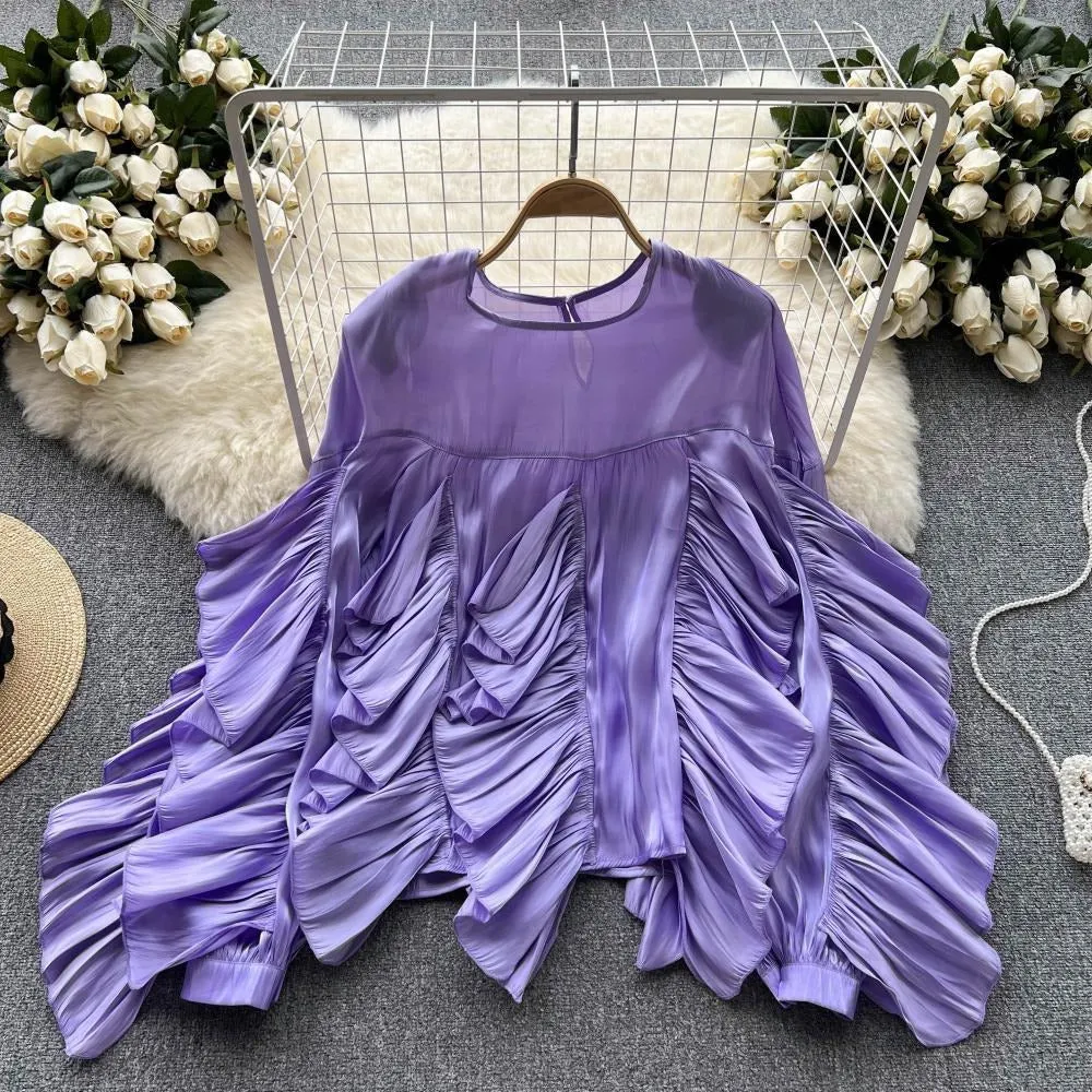 Pre Order:  Irregular Ruffle Long Sleeve Chiffon Blouse