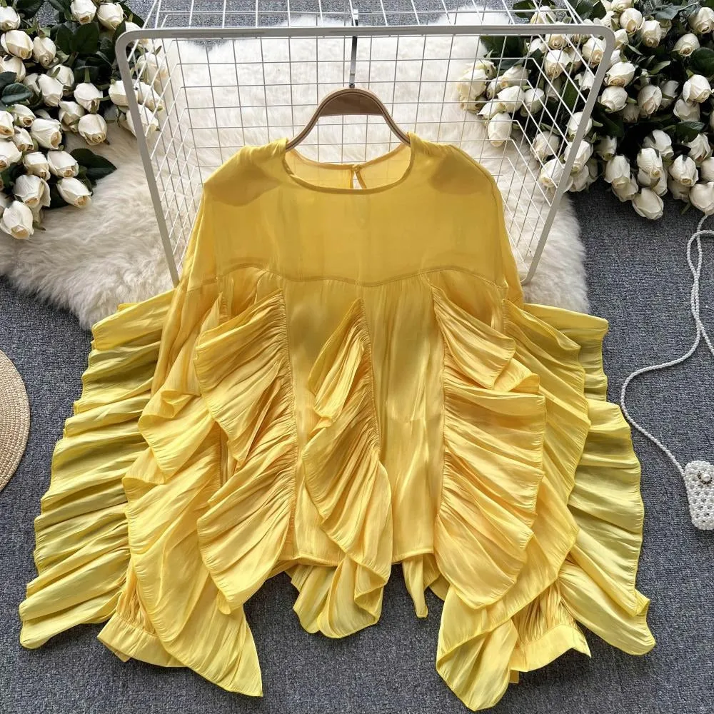 Pre Order:  Irregular Ruffle Long Sleeve Chiffon Blouse