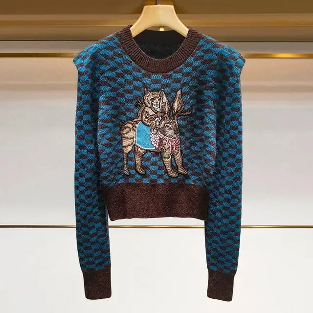 Pre Order:  Knight Cat Embroidered Argyle Knit Sweater