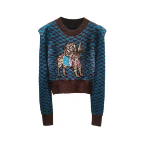 Pre Order:  Knight Cat Embroidered Argyle Knit Sweater