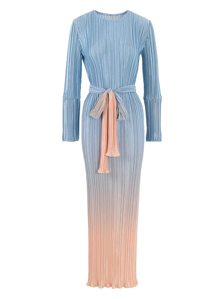 Pre Order:  Lace Up Pleated Long Sleeved Elastic Gradient Dress