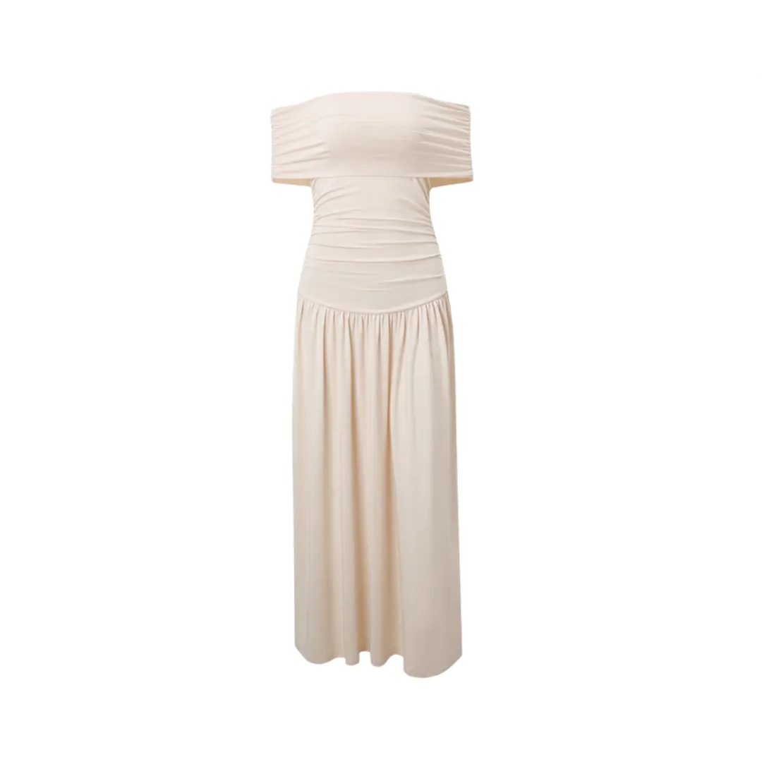 Pre Order:  Off Shoulder Slim Fit Pleated Maxi Dress