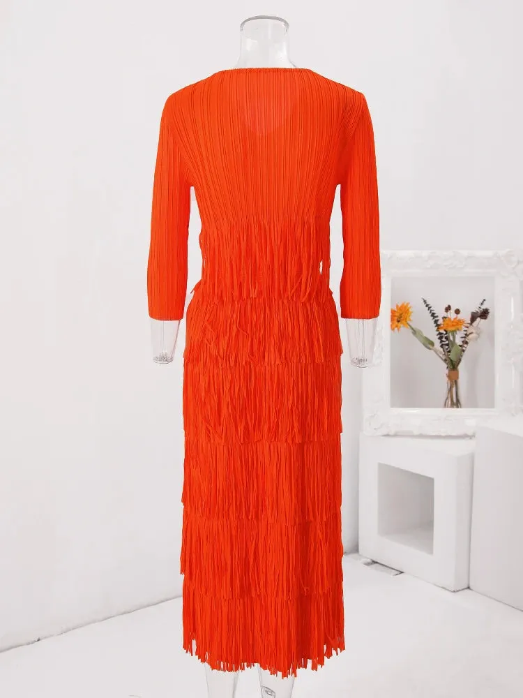 Pre Order:  Solid Pleated Fringe Dress