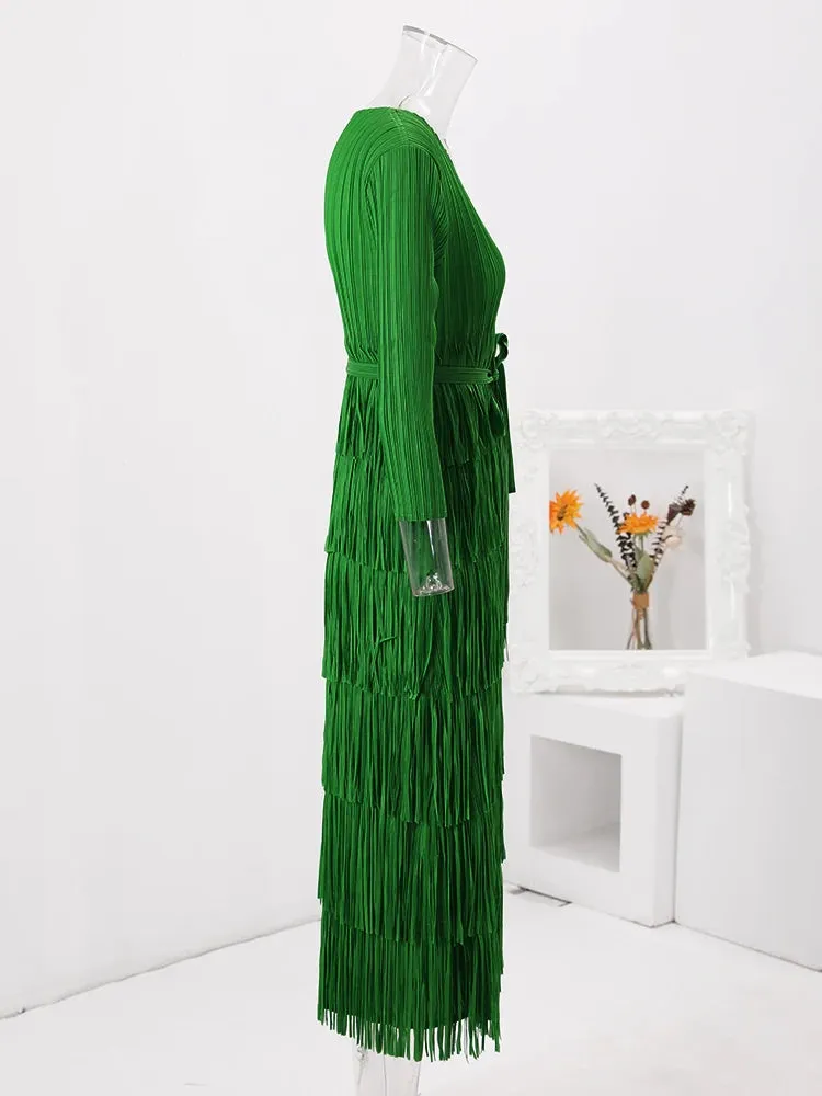 Pre Order:  Solid Pleated Fringe Dress