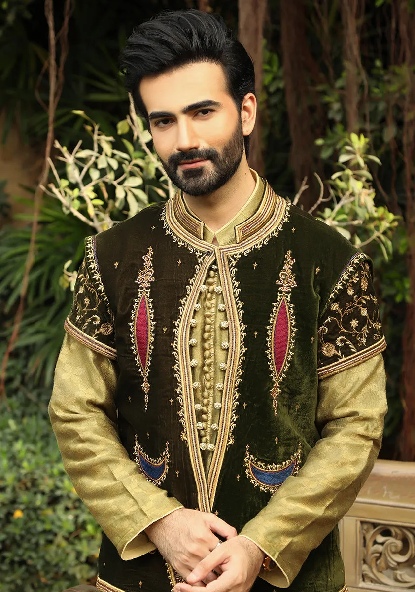 Premium Velvet Green Talpuri Waistcoat along with Jamawar Suit and Shawl