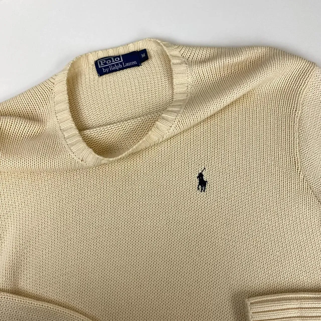 Preowned Vintage Polo Ralph Lauren Womens Knitted Jumper Size M Loose Fit Cream Crew Sweater