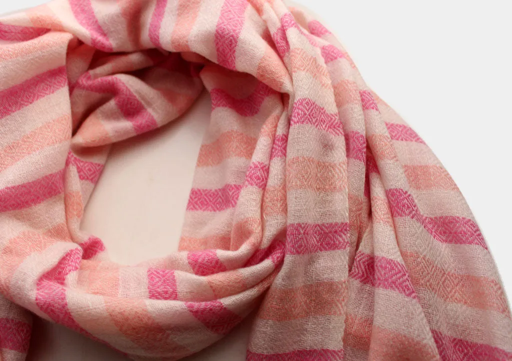 Pure Pashmina Shawl Pink and Peach Striped Pattern