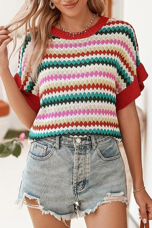 Red Pink Green Striped Short Sleeve Sweater