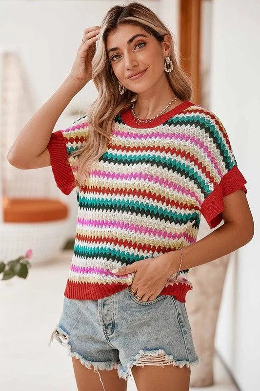 Red Pink Green Striped Short Sleeve Sweater