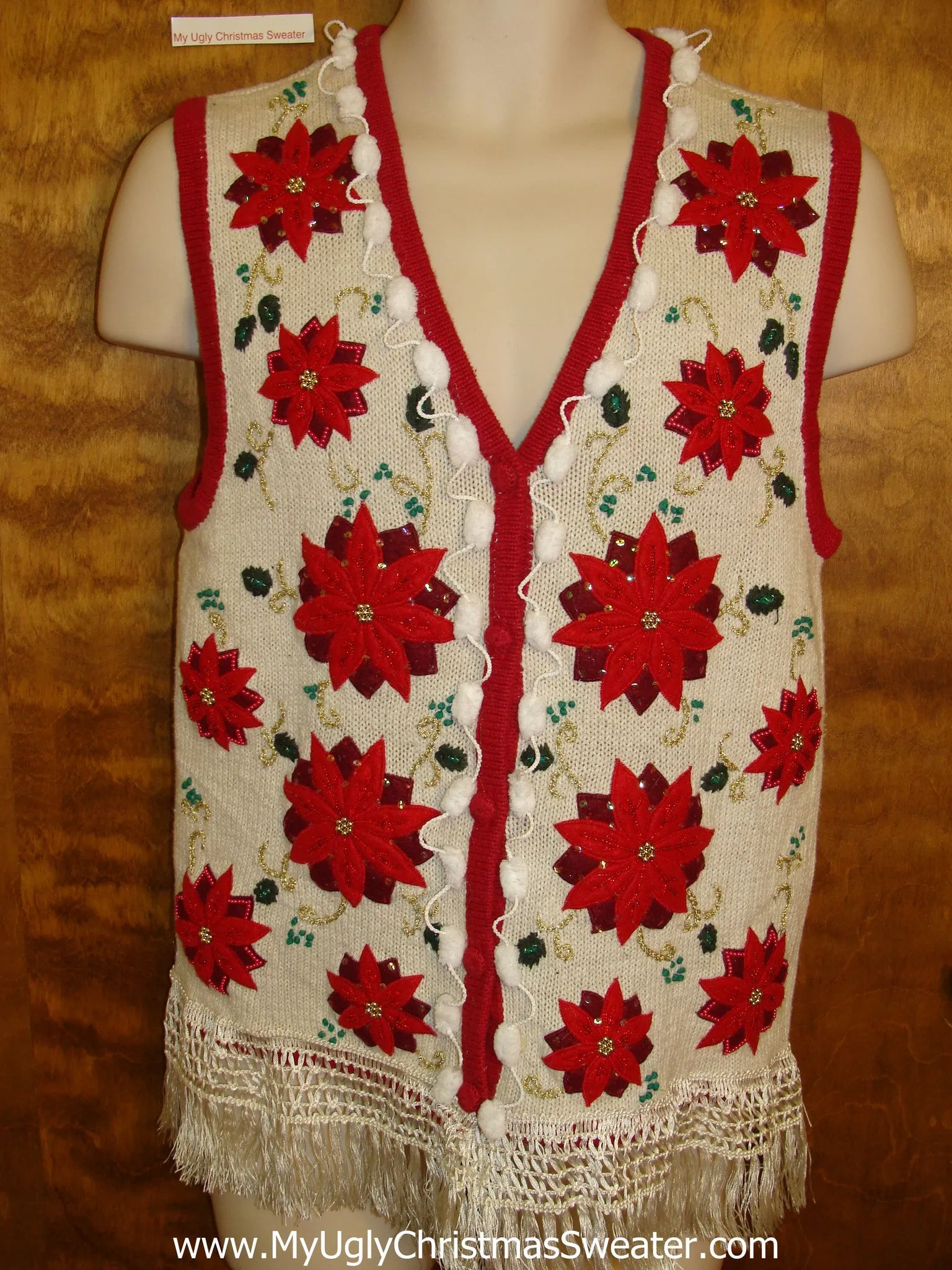 Red Poinsettia Themed Corny Christmas Sweater Vest