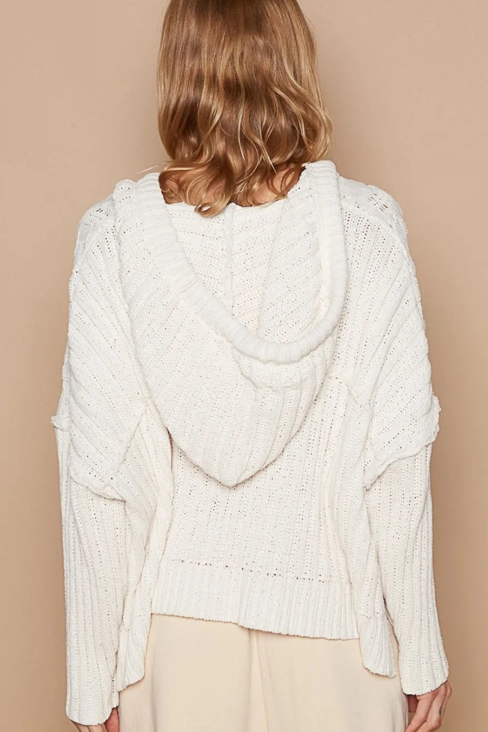 Rib Weave Sleeves Hooded Cable Knit Sweater