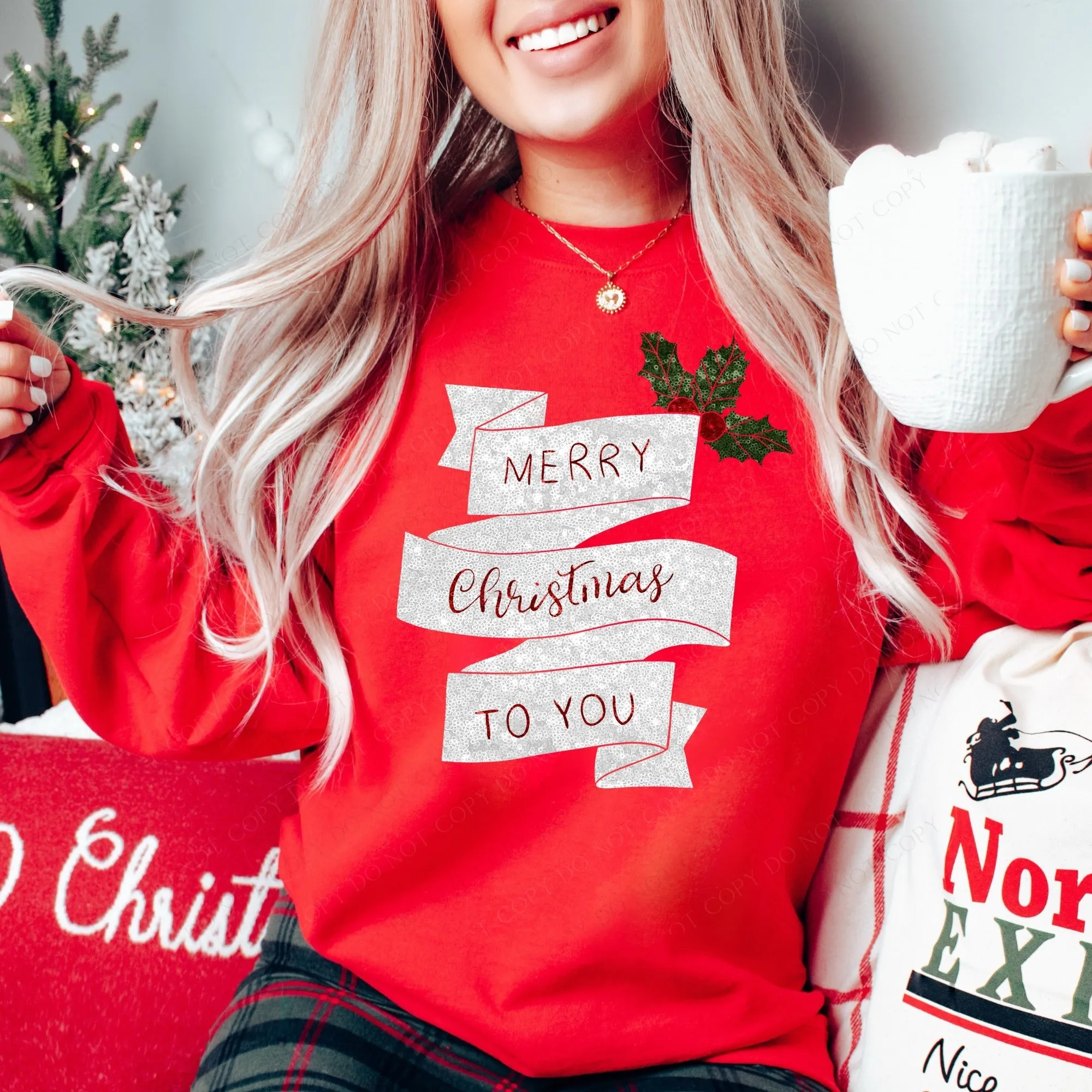 Ribbon & Berries Sequin "Merry Christmas to You" Sweatshirt