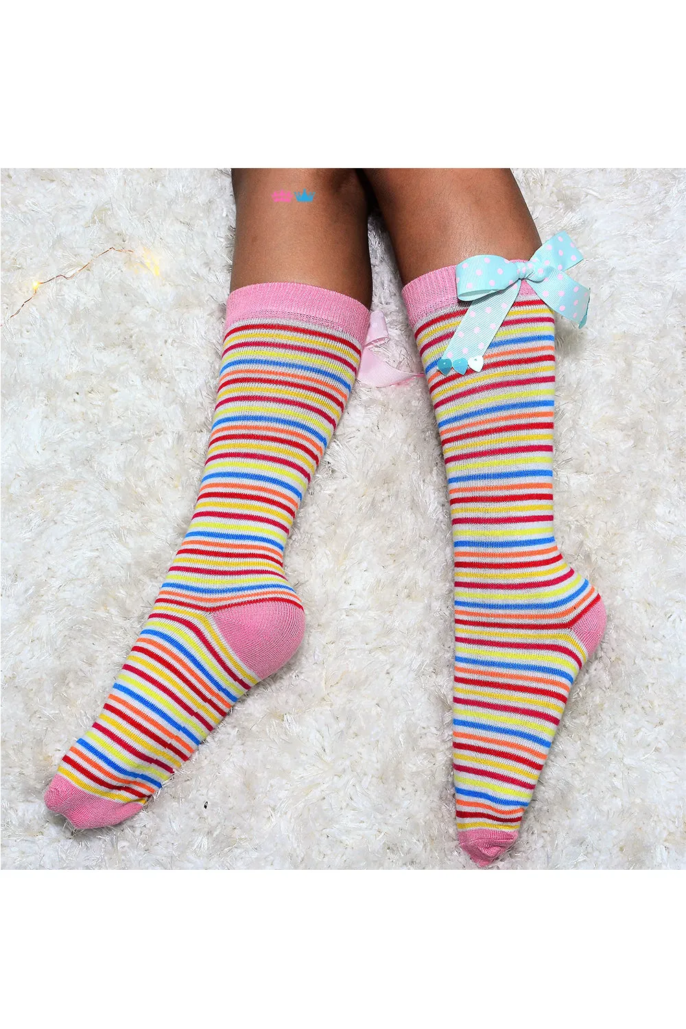 Ribbon stripes socks with bow