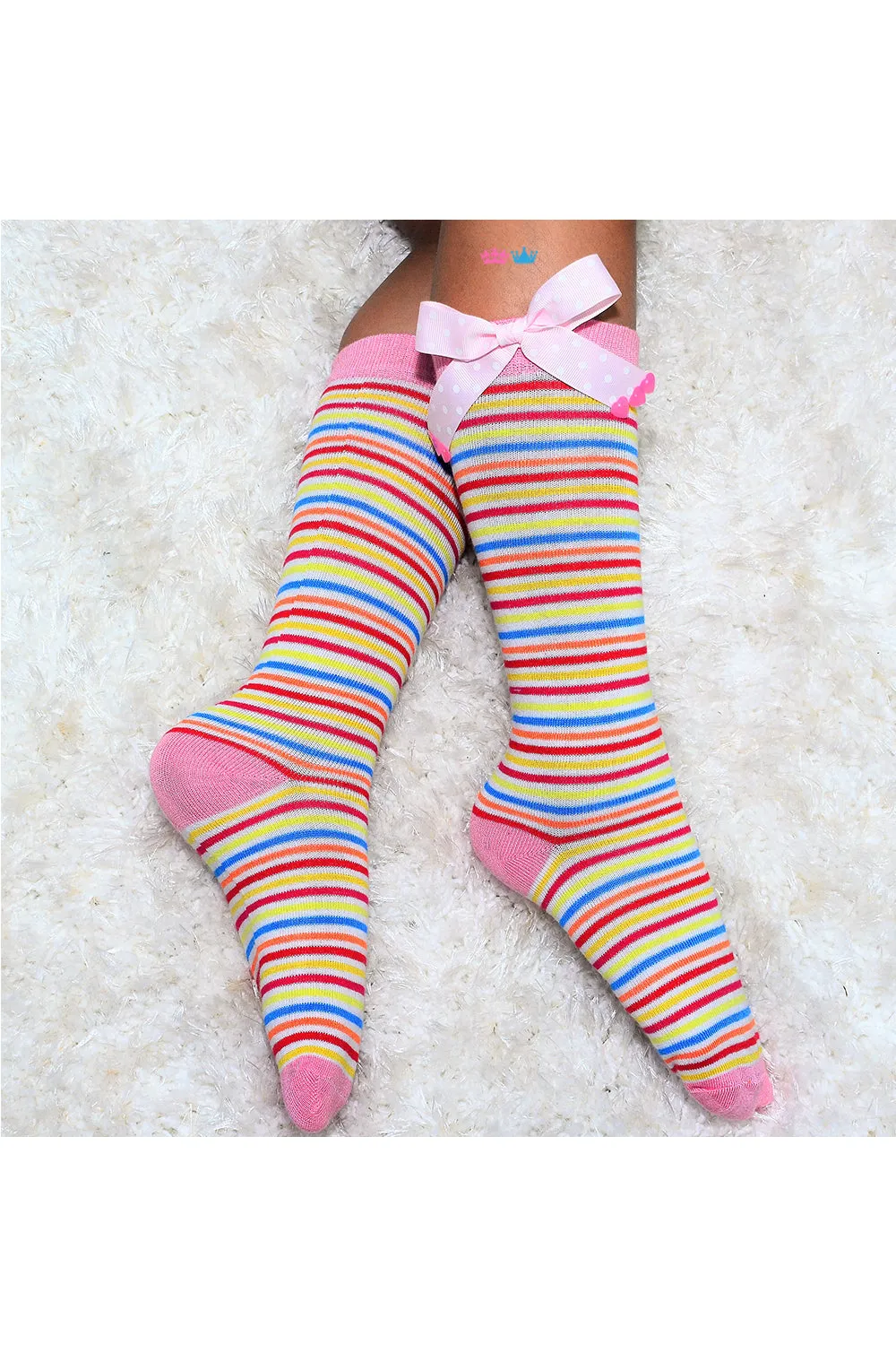 Ribbon stripes socks with bow