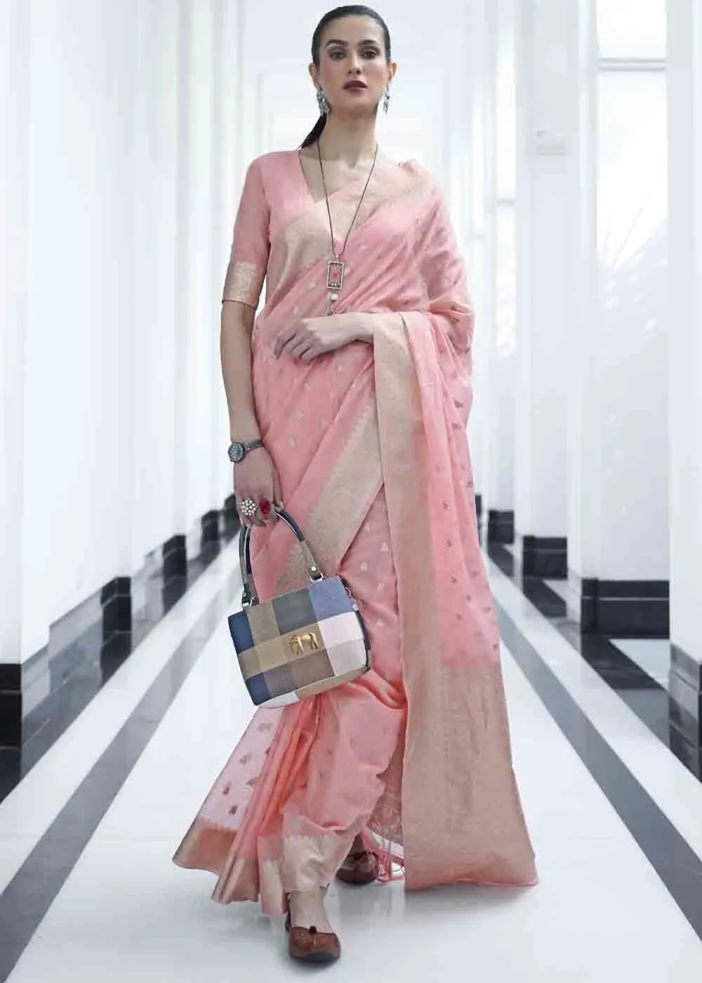 Rose Pink Woven Designer Silk Saree