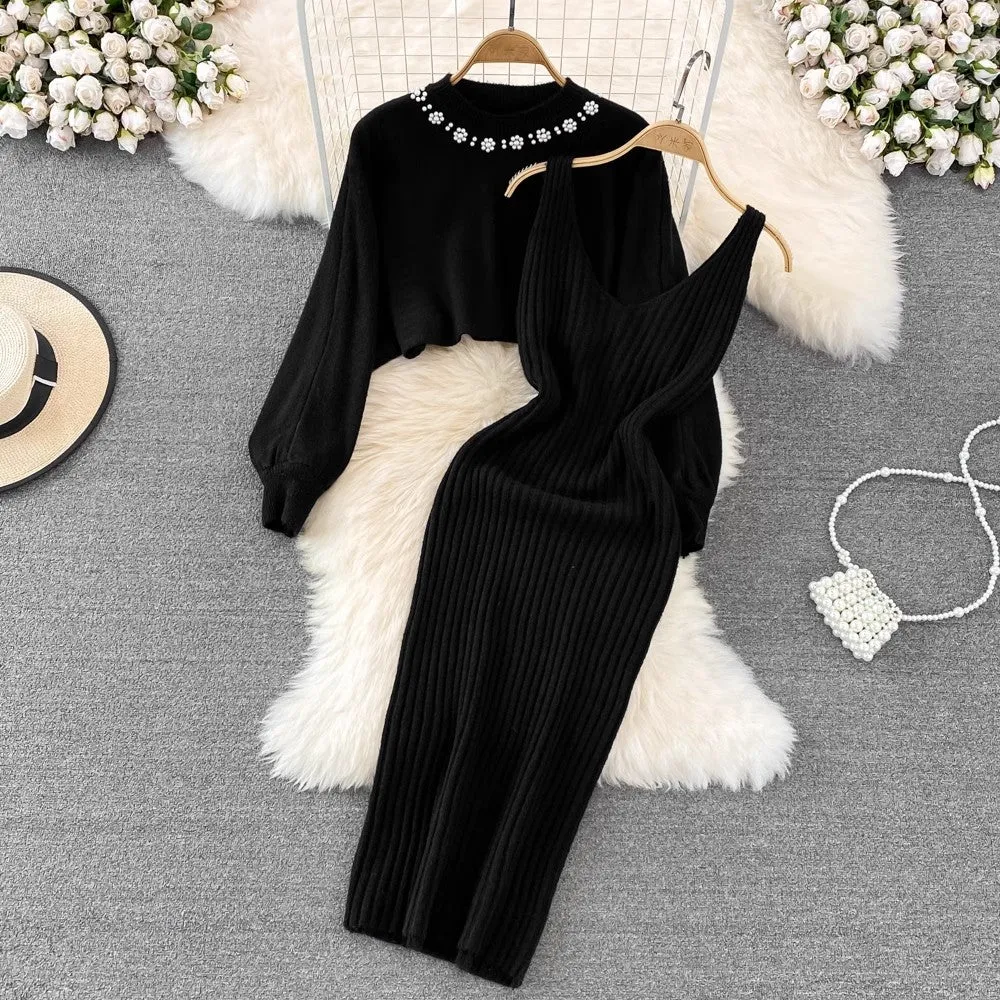 round neck beaded sweater two-piece hot girl knitted vest dress for women      S4116