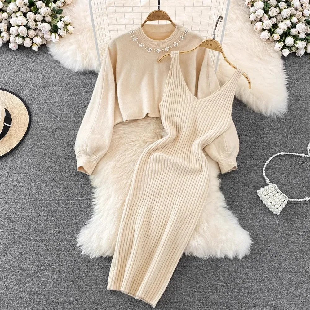 round neck beaded sweater two-piece hot girl knitted vest dress for women      S4116