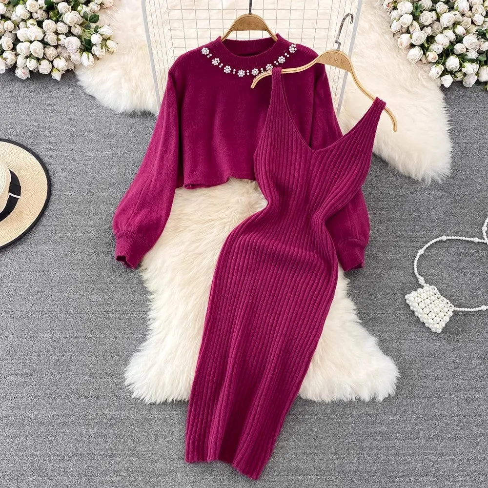 round neck beaded sweater two-piece hot girl knitted vest dress for women      S4116