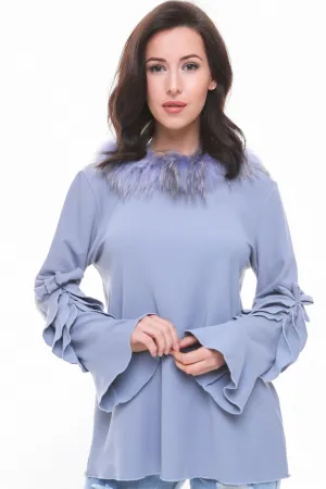 Ruffle Bow Detail Bell Sleeve Fur Trim Collar Knitted Jumper