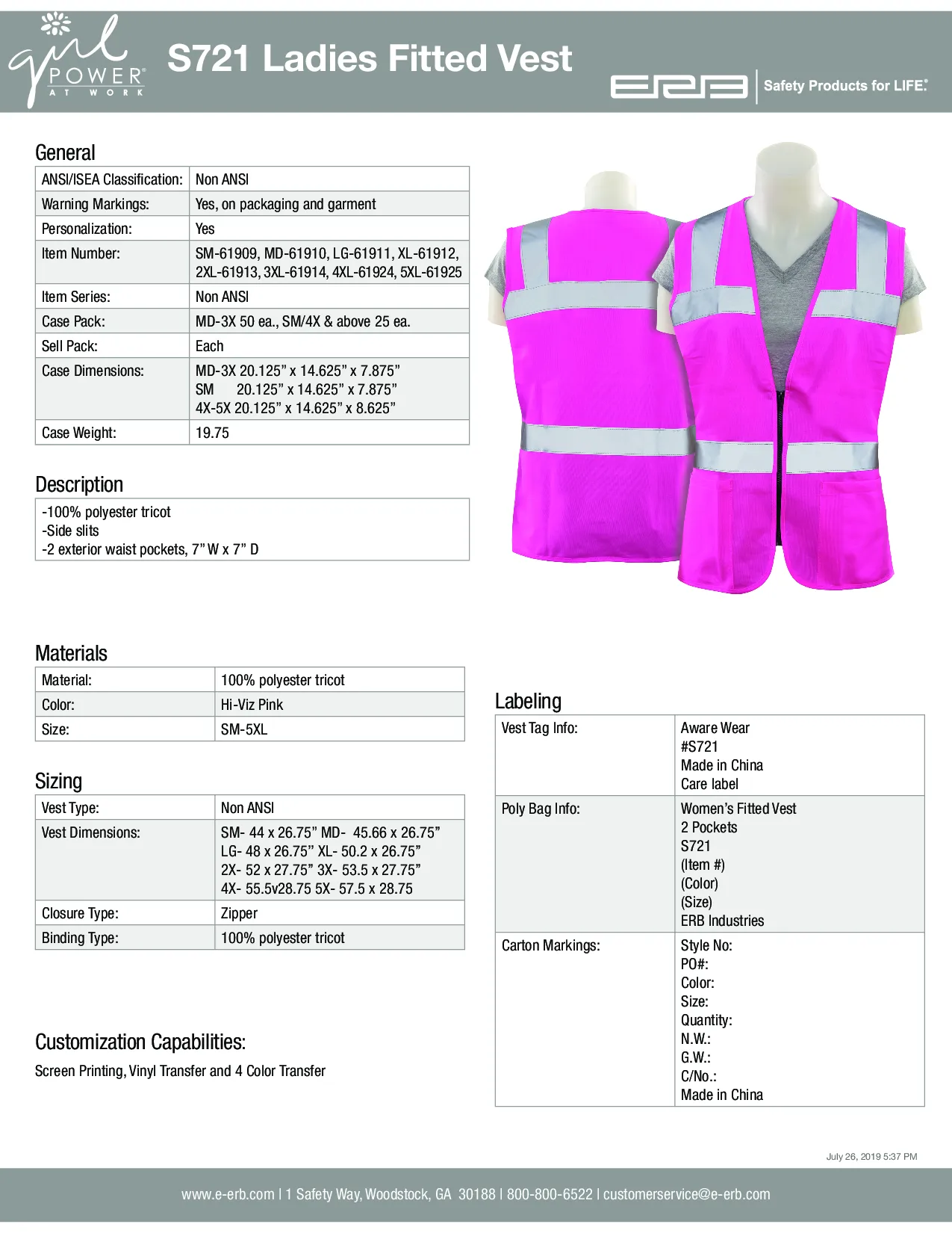 S721 Fitted Women's Safety Vest Non-ANSI 1pc