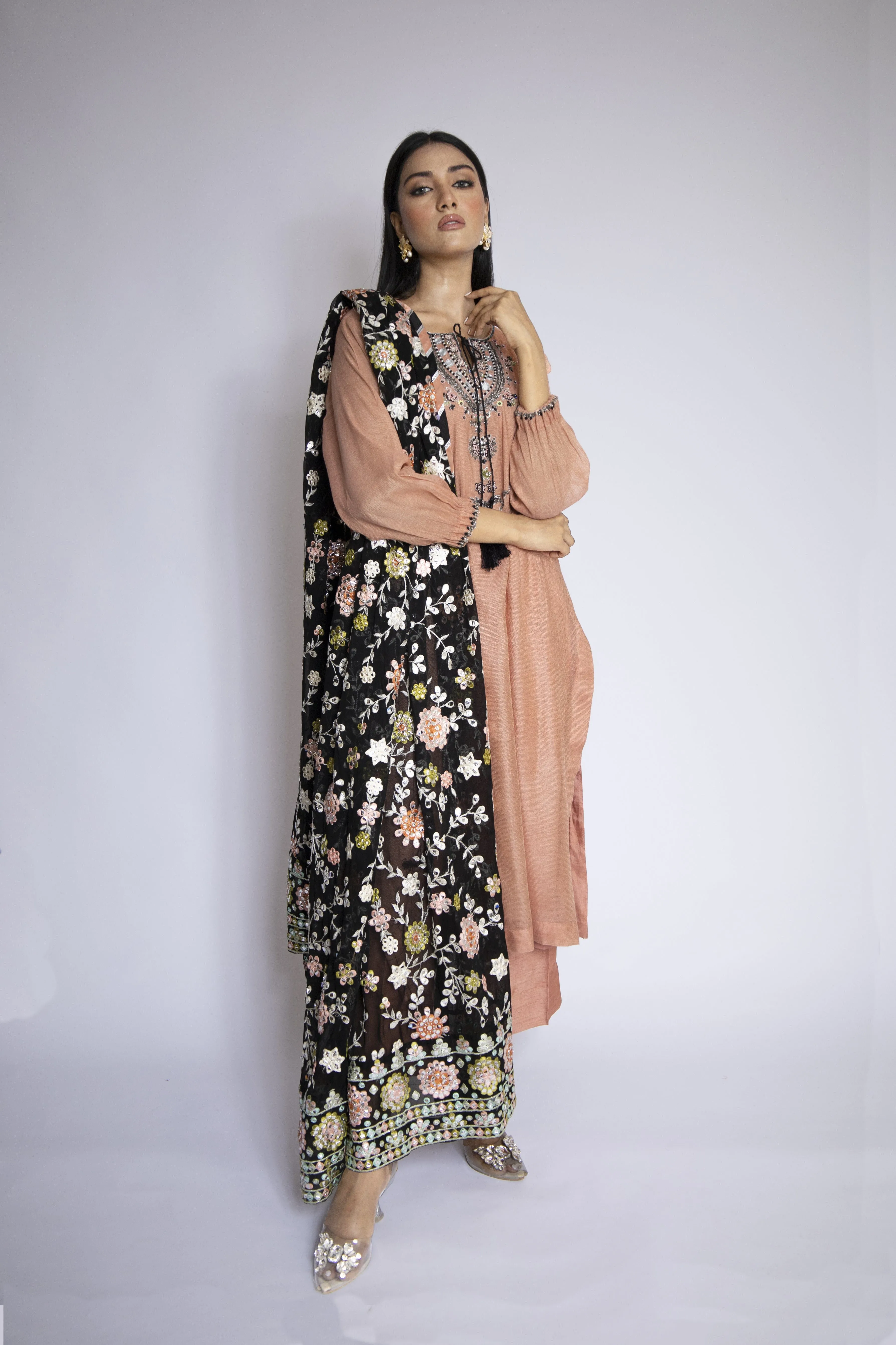 Sadia Aamir - Azara - Tea Pink Khaddi Net Shirt and Silk Culottes with Chiffon Dupatta - 3 Piece