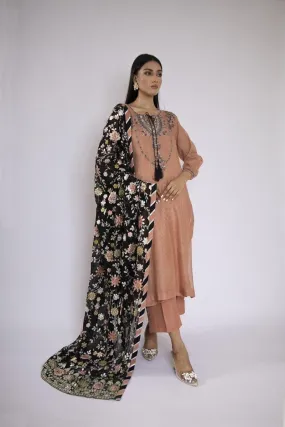 Sadia Aamir - Azara - Tea Pink Khaddi Net Shirt and Silk Culottes with Chiffon Dupatta - 3 Piece