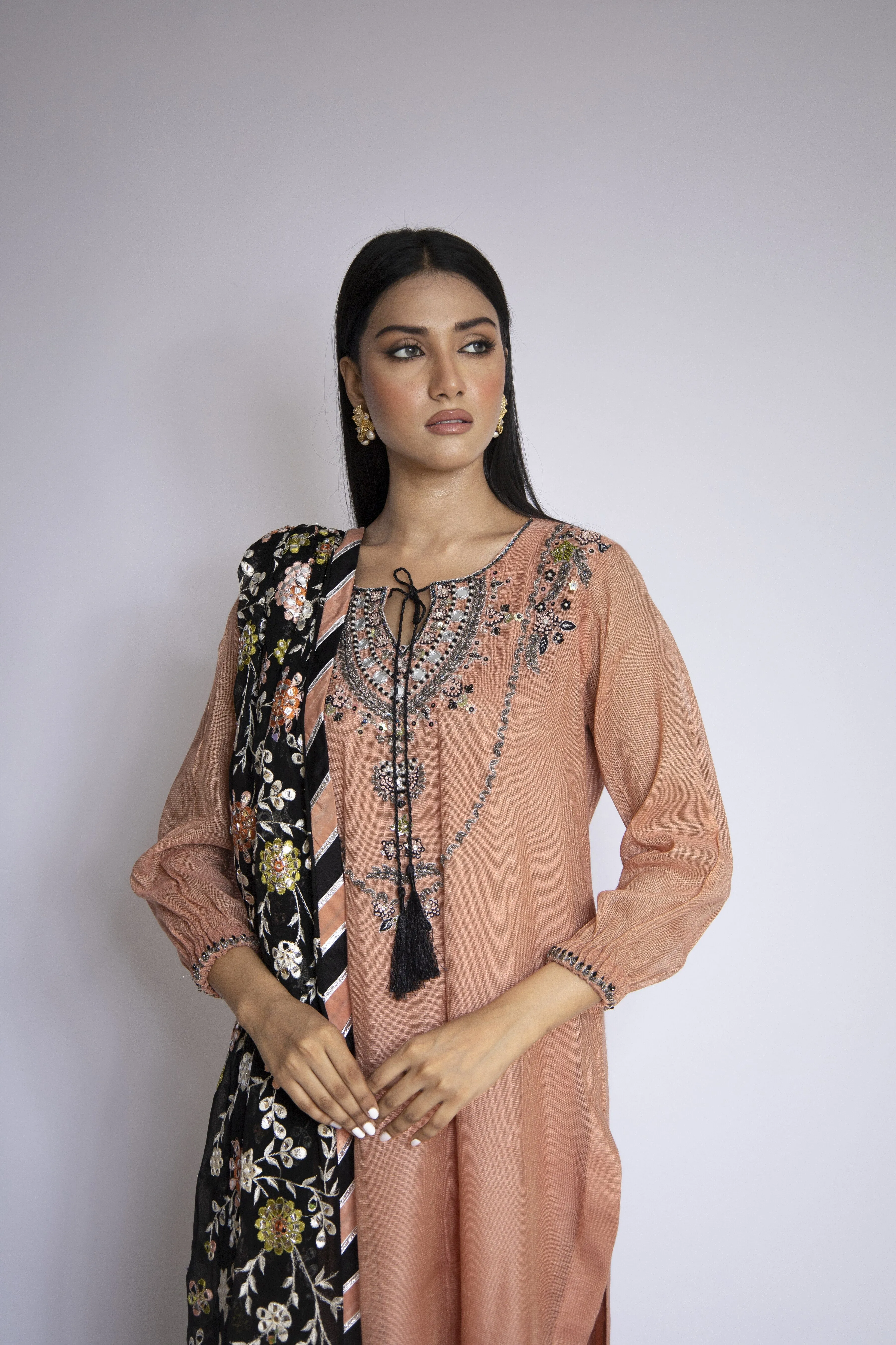 Sadia Aamir - Azara - Tea Pink Khaddi Net Shirt and Silk Culottes with Chiffon Dupatta - 3 Piece