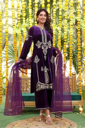 Sanas - Handwork Zari Embroidered Velvet 3 Piece Suit - ZEENAT - S202223 - Purple