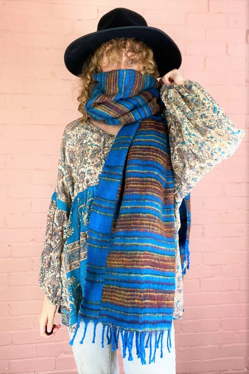 Sapphire, Ruby & Gold Reversible Stripe Indian Shawl/Blanket