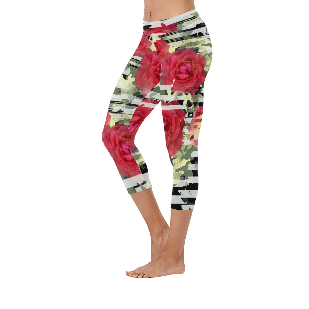 Seamless Pattern Floral Camouflage Striped Women's Low Rise Capri Leggings (Invisible Stitch)